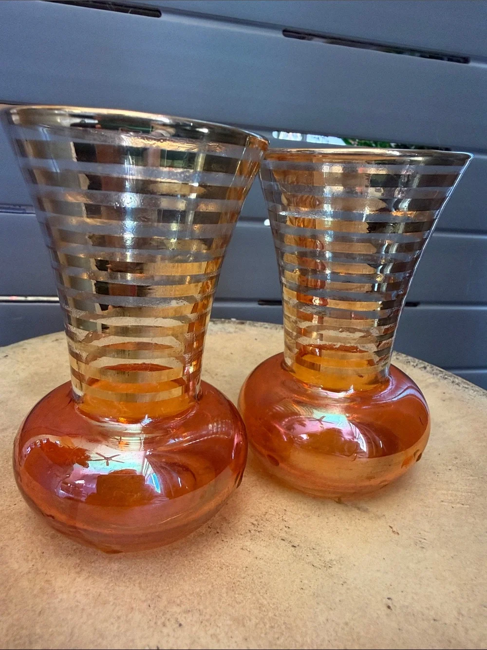 Vintage Bartlett Collins marigold iridescent carnival glass bud vases